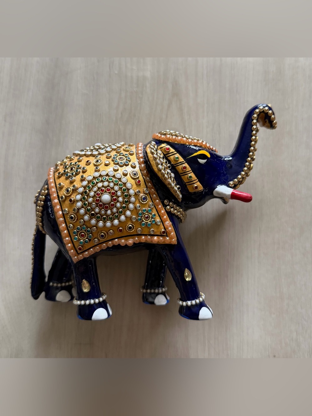 Vjntage Hand Painted Royal Metal Elephant Statue with Gold Accents and Jewels